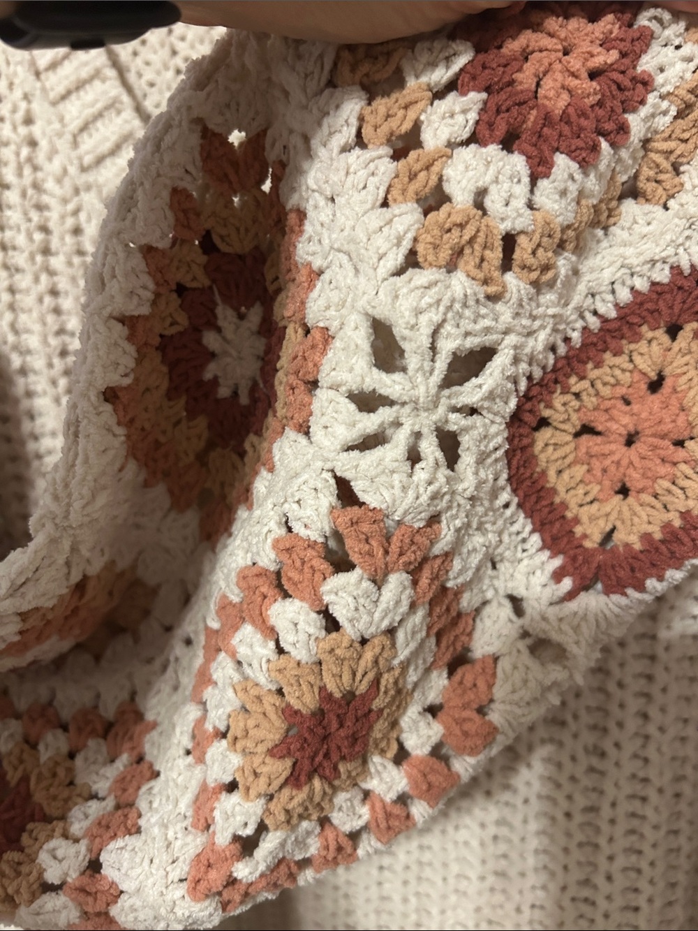 POL Cream V-Neck Sweater with Rust and Tan Crochet Sleeves - Picture 3 of 7